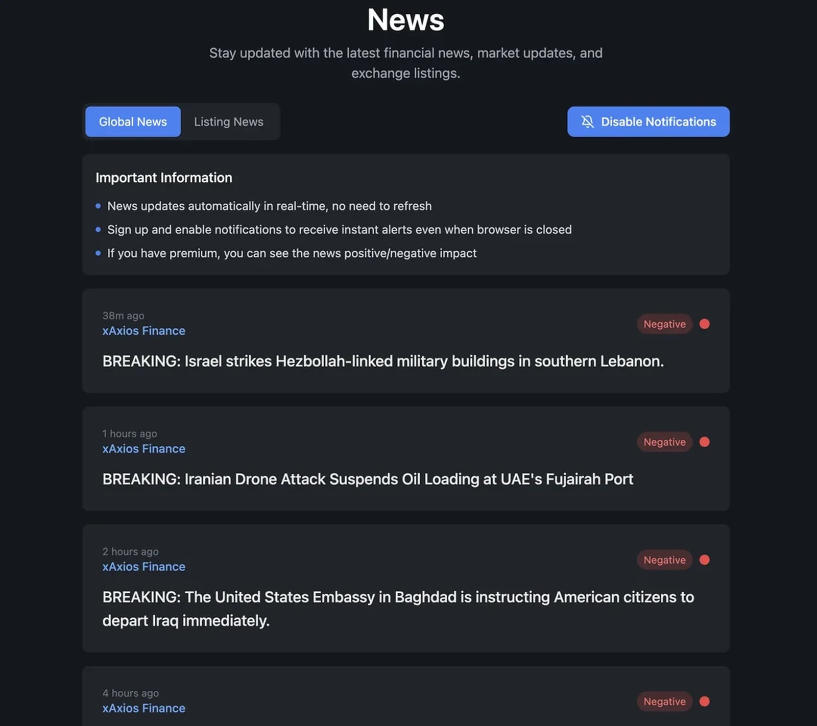 Flux d'actualités xAxios AI avec étiquettes d'impact positif et négatif automatiques